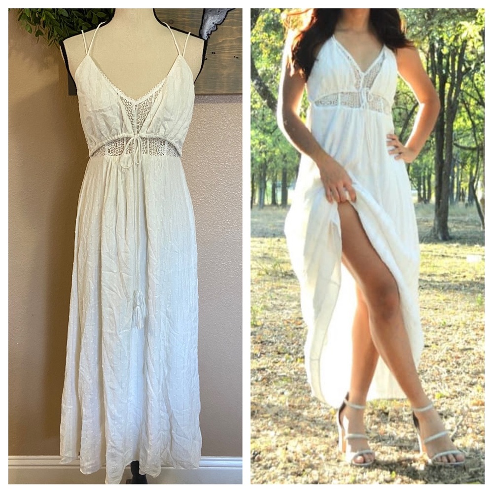 NWOT Lulus Santorini Scene White Metallic Gold Swiss Dot Lace Maxi Dress